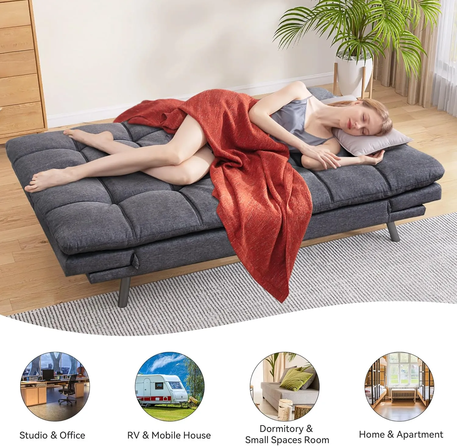 Convertible Futon Sofa Bed Couch,Linen Fabric Futon Sofa Couch,Memory Foam Futons,Small Splitback Modern Loveseat Sleeper Couch Bed for Living Room,Office,Apartment,Dark Grey, SF267CH