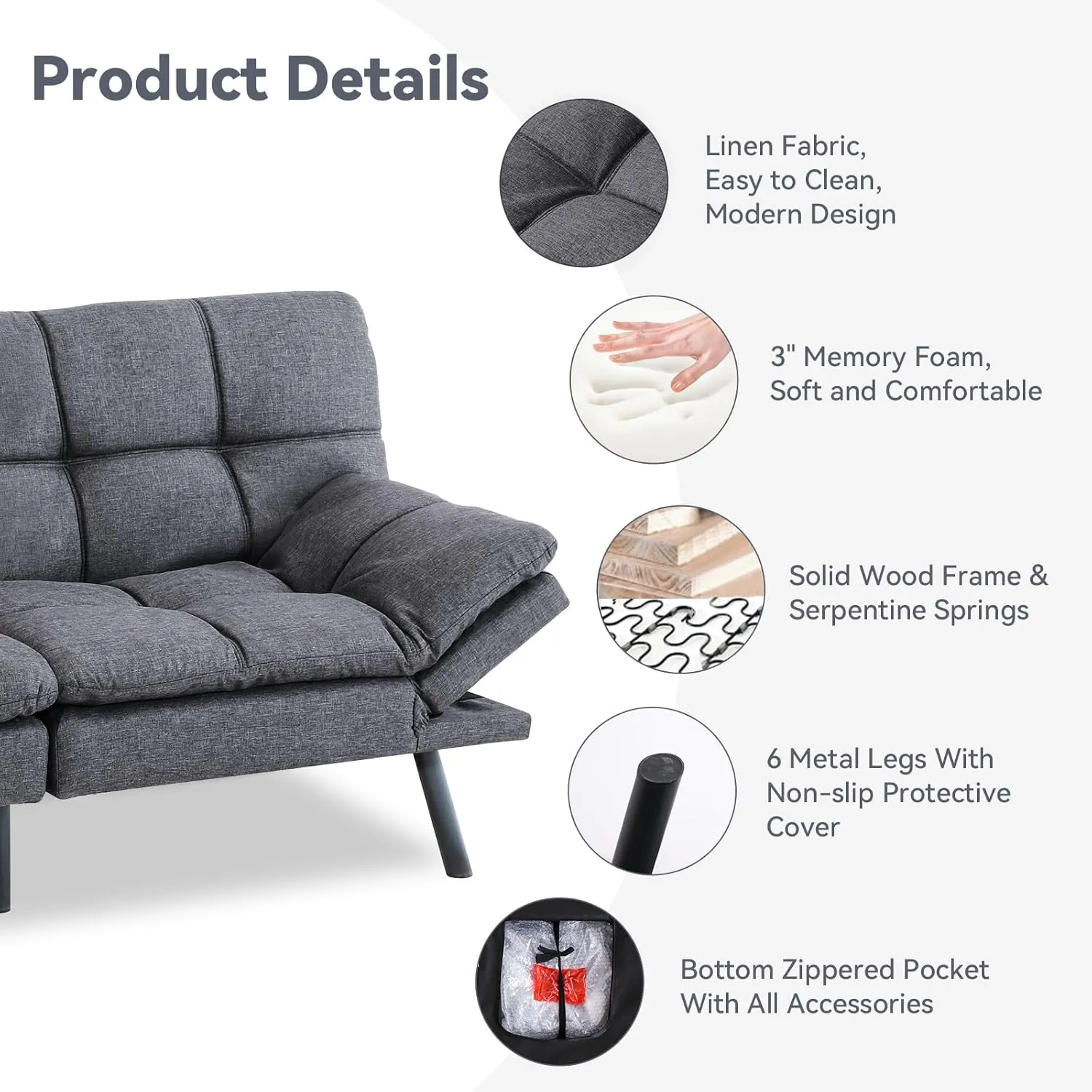 Convertible Futon Sofa Bed Couch,Linen Fabric Futon Sofa Couch,Memory Foam Futons,Small Splitback Modern Loveseat Sleeper Couch Bed for Living Room,Office,Apartment,Dark Grey, SF267CH