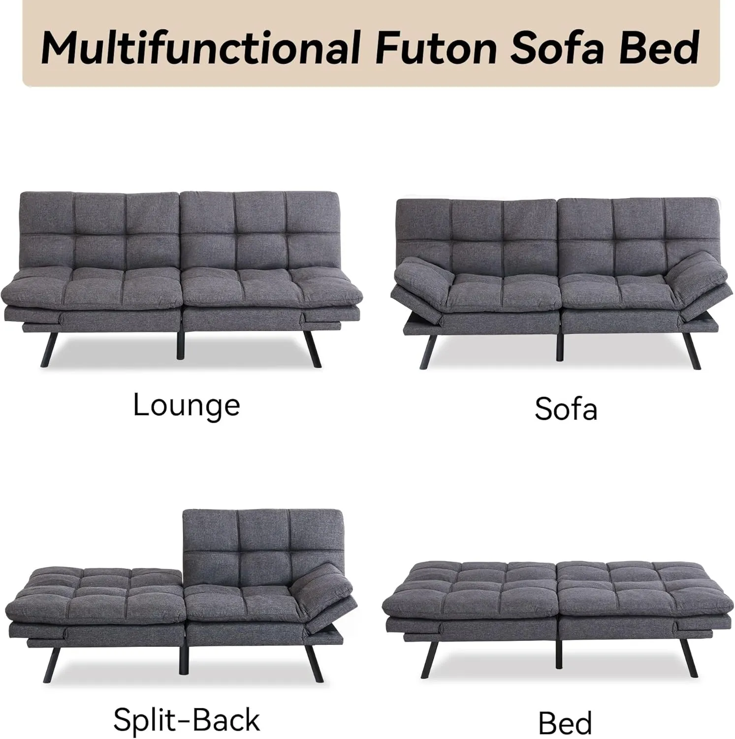 Convertible Futon Sofa Bed, Linen Fabric Futon Sofa, Memory Foam Futons, Small Splitback Modern Loveseat Sleeper Couch Bed for Living Room, Office, Apartment, Deep Grey
