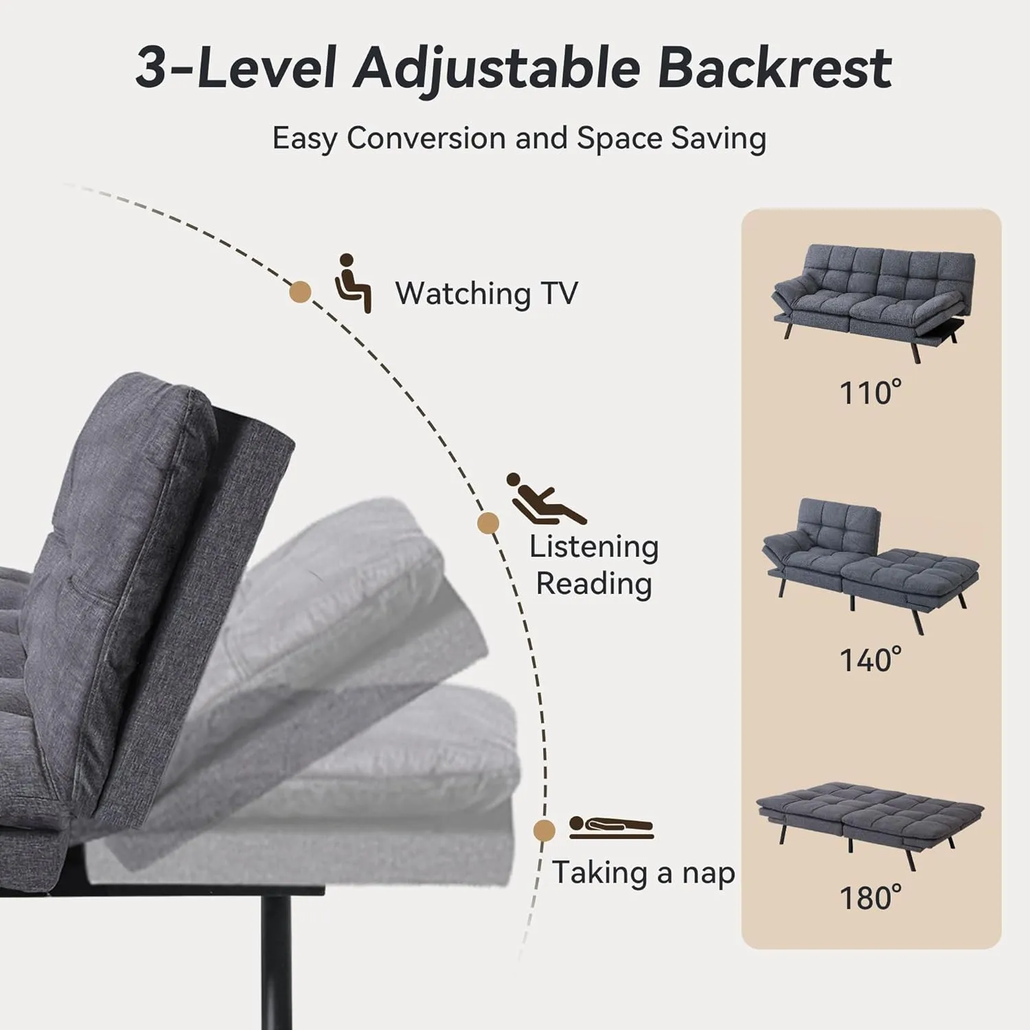 Convertible Futon Sofa Bed, Linen Fabric Futon Sofa, Memory Foam Futons, Small Splitback Modern Loveseat Sleeper Couch Bed for Living Room, Office, Apartment, Deep Grey