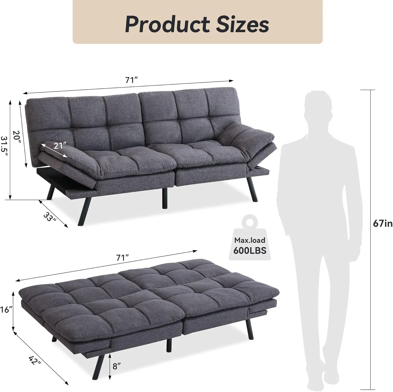 Convertible Futon Sofa Bed, Linen Fabric Futon Sofa, Memory Foam Futons, Small Splitback Modern Loveseat Sleeper Couch Bed for Living Room, Office, Apartment, Deep Grey
