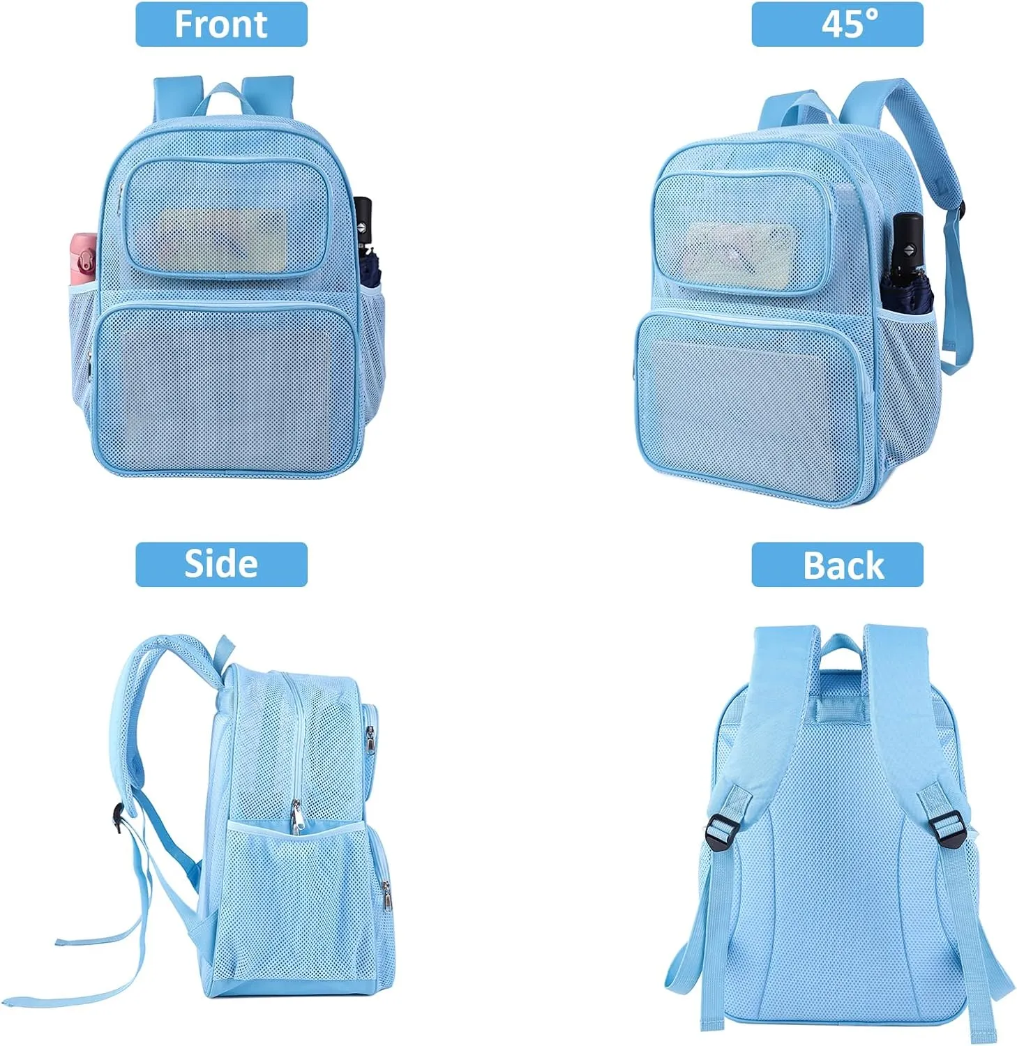 COVAX Large Mesh Bookbag, Semi-transparent College Backpack, See Through Mesh Backpack with Bungee and Comfort Padded Straps for Travel, Swimming, Beach, Outdoor Sports (Blue)