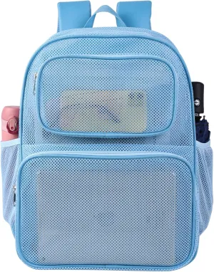 COVAX Large Mesh Bookbag, Semi-transparent College Backpack, See Through Mesh Backpack with Bungee and Comfort Padded Straps for Travel, Swimming, Beach, Outdoor Sports (Blue)