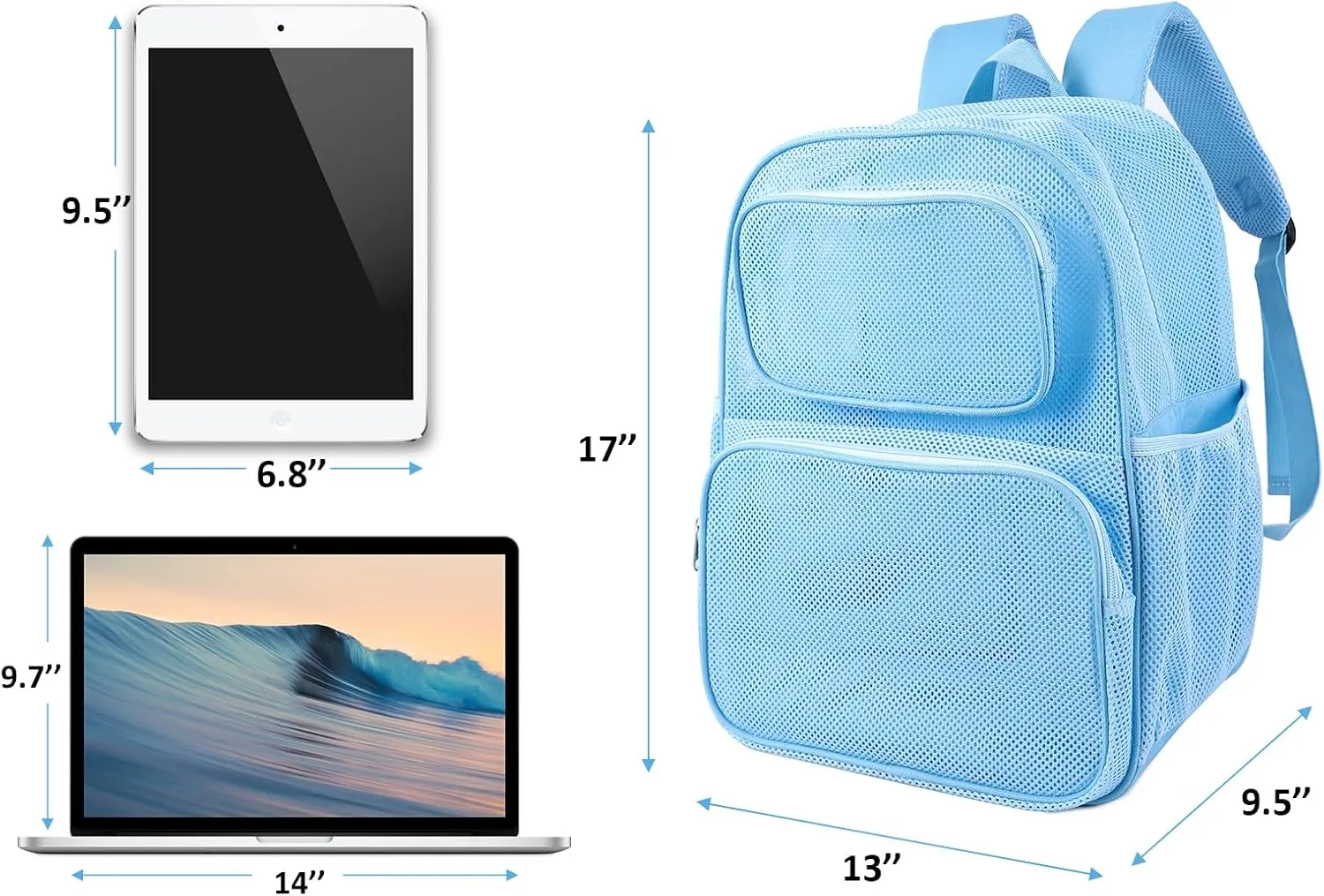 COVAX Large Mesh Bookbag, Semi-transparent College Backpack, See Through Mesh Backpack with Bungee and Comfort Padded Straps for Travel, Swimming, Beach, Outdoor Sports (Blue)
