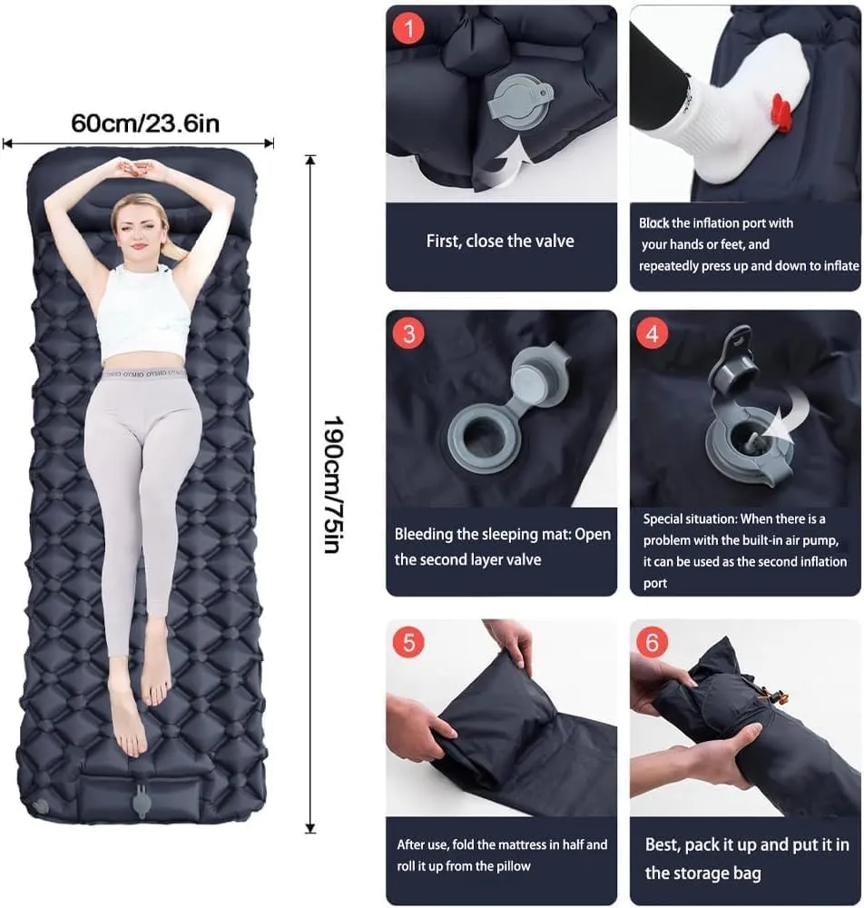 Coziya Matelas, 5cm Ultralight Inflatable Camping Mattress, Inflatable Sleeping Pad with Built-in Pillow, Anti-Slip Design for Backpacking, Hiking, Travel (Dark Blue,Single)