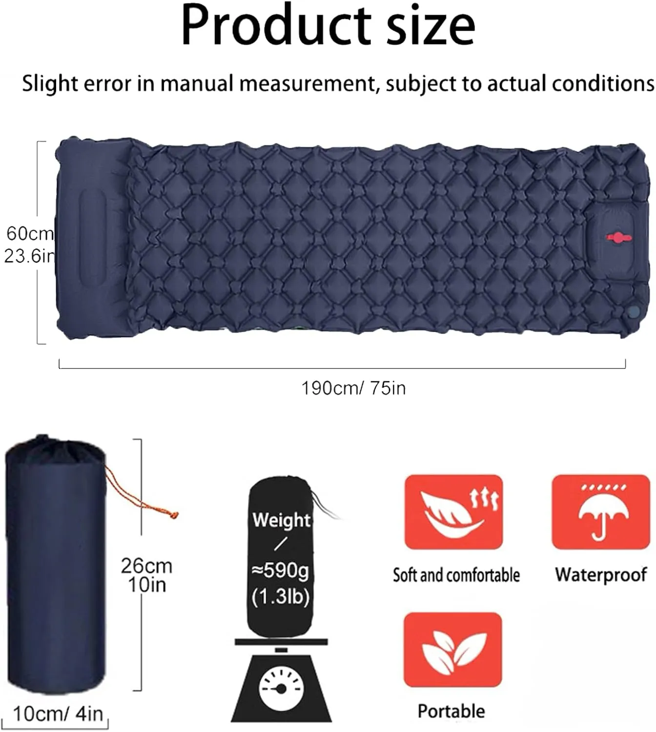 Coziya Matelas, 5cm Ultralight Inflatable Camping Mattress, Inflatable Sleeping Pad with Built-in Pillow, Anti-Slip Design for Backpacking, Hiking, Travel (Dark Blue,Single)