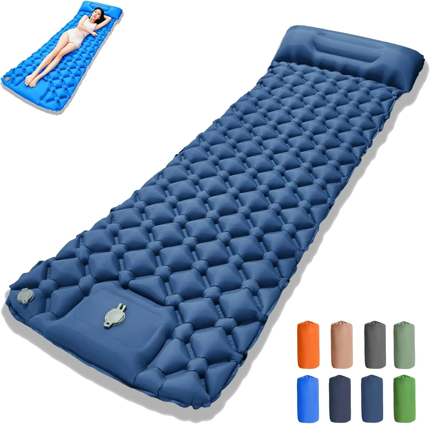 Coziya Matelas, 5cm Ultralight Inflatable Camping Mattress, Inflatable Sleeping Pad with Built-in Pillow, Anti-Slip Design for Backpacking, Hiking, Travel (Dark Blue,Single)