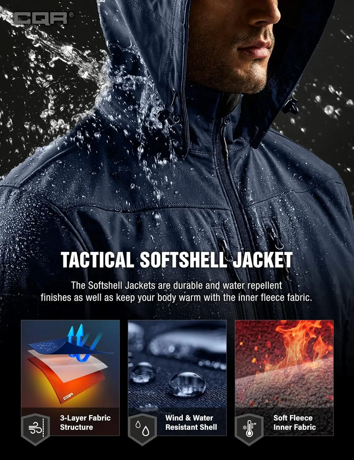 CQR Men's Fleece Lined Tactical Softshell Jackets, Lightweight Water Resistant Hunting Hiking Jacket, Winter Outdoor Jacket
