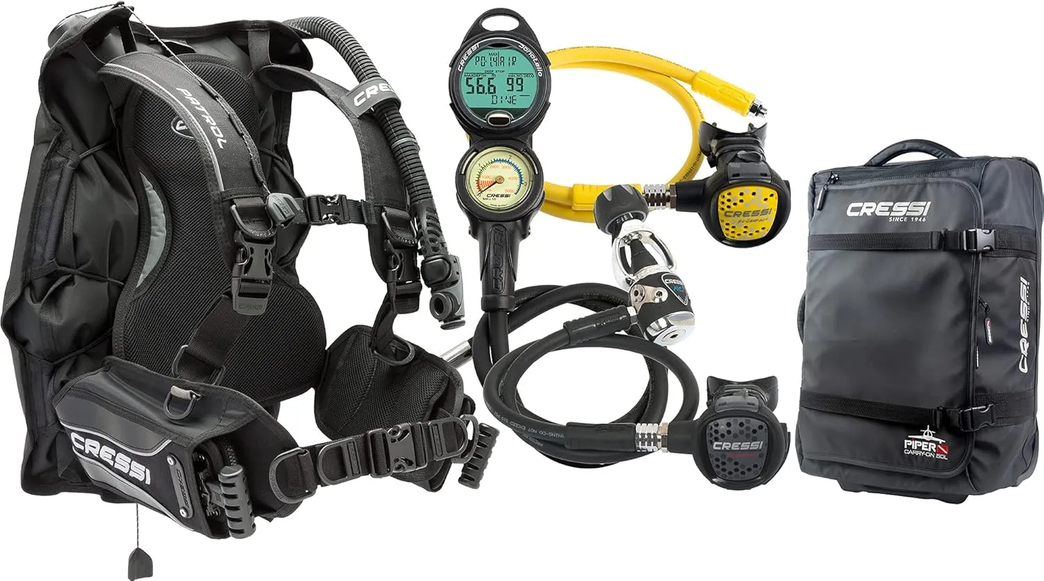 Cressi Travel Patrol Package- Complete with Patrol BCD, MC9/Compact Regulator, Octopus Compact, Donatello Console 2, and Piper Bag
