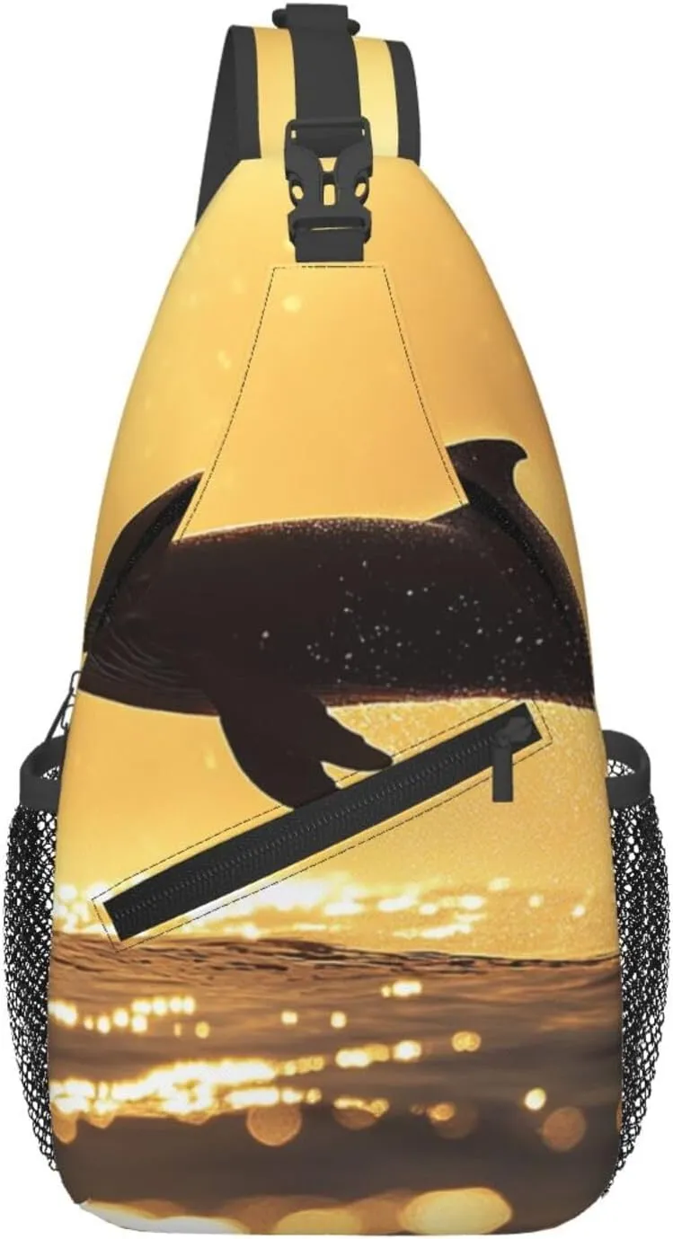 Cross Chest Bag Diagonally Sling Backpack Crossbody Shoulder Bag Backlight golden moment, dolphins jumping Branches Sling Bag Travel Hiking Daypack