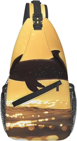 Cross Chest Bag Diagonally Sling Backpack Crossbody Shoulder Bag Backlight golden moment, dolphins jumping Branches Sling Bag Travel Hiking Daypack