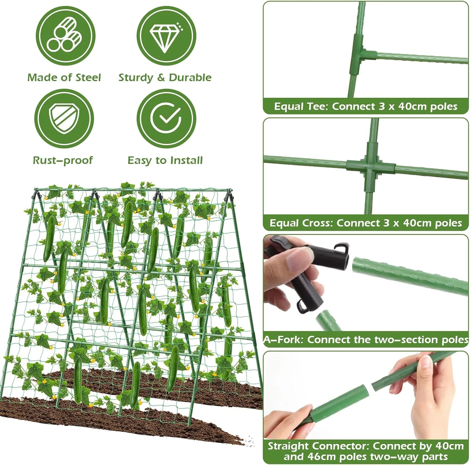 Cucumber Trellis for Raised Beds, 45 x 53 Inch Adjustable Size A-Frame Garden Trellis for Climbing Plant Outdoors with Climbing Net and Plant Support Clip for Vegetable Grape Tomato Bean Pea