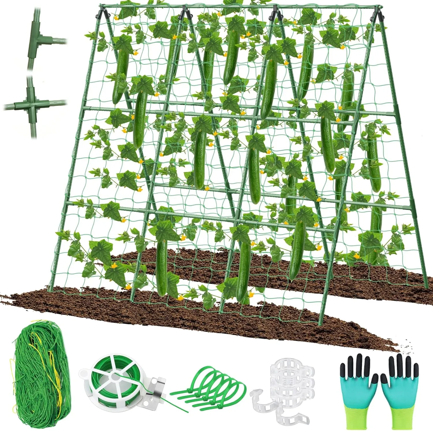 Cucumber Trellis for Raised Beds, 45 x 53 Inch Adjustable Size A-Frame Garden Trellis for Climbing Plant Outdoors with Climbing Net and Plant Support Clip for Vegetable Grape Tomato Bean Pea