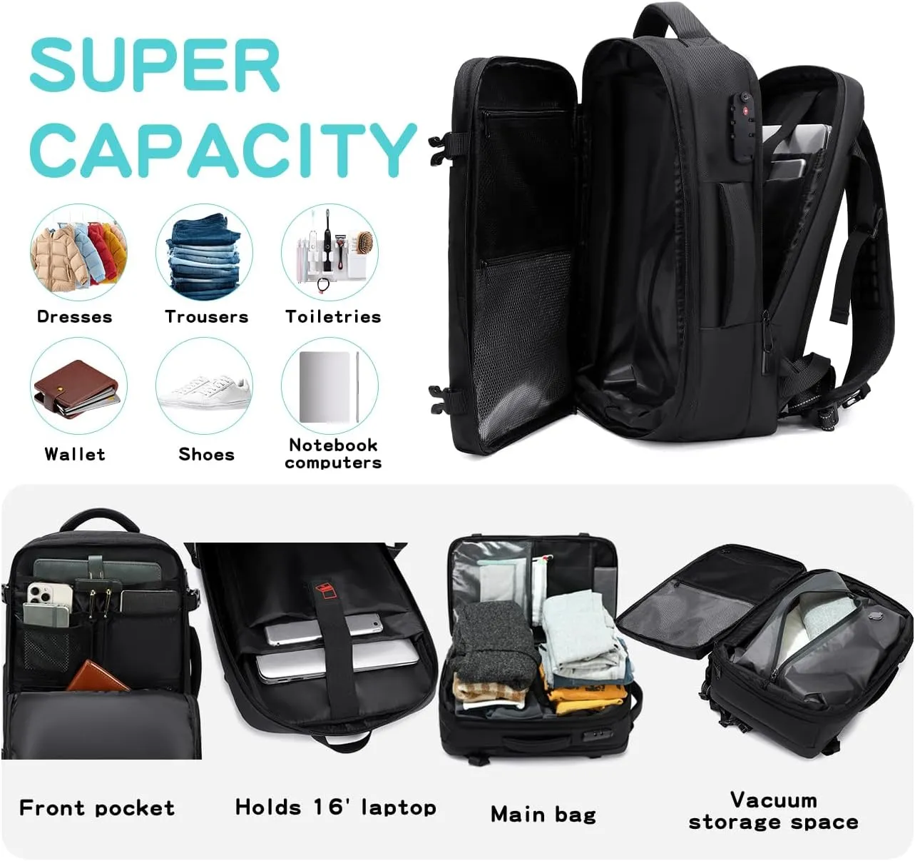 Cusangel Vacuum Backpack for Travel with Portable Electric Pump,Vacpack Pocket Compression Air Pump, 45L Expandable Airback (with Vacuum pump)