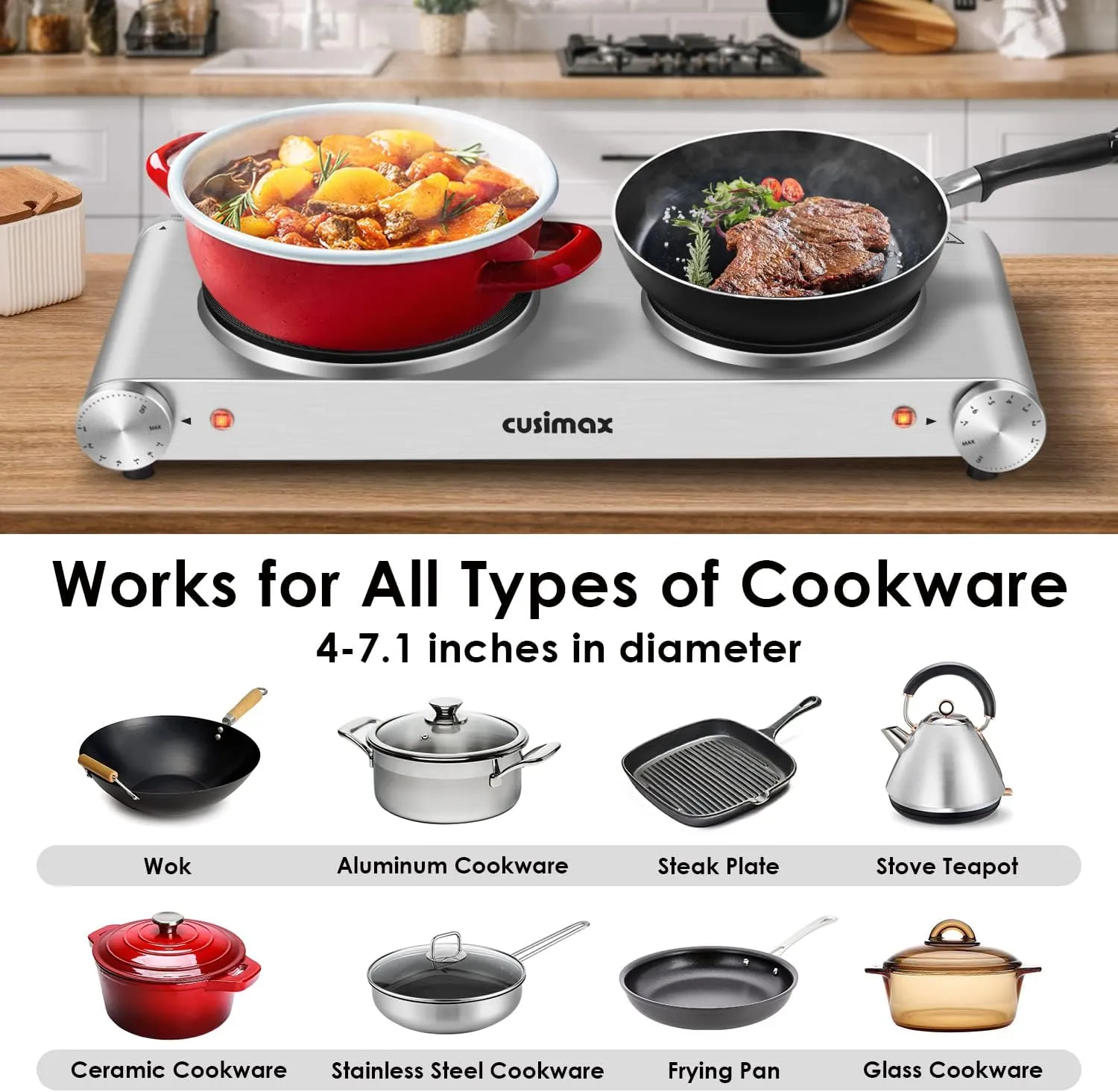 CUSIMAX Hot Plate, Electric Double Burner, 1800W Cast Iron Countertop Cooktop, Portable for Cooking, Compatible for All Cookwares, Easy Clean, Upgraded Version