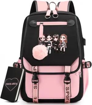 Cute Backpack for Women Large Capacity Book Bag Casual Daypack with Pom Pom, USB Port, and Notebook Set