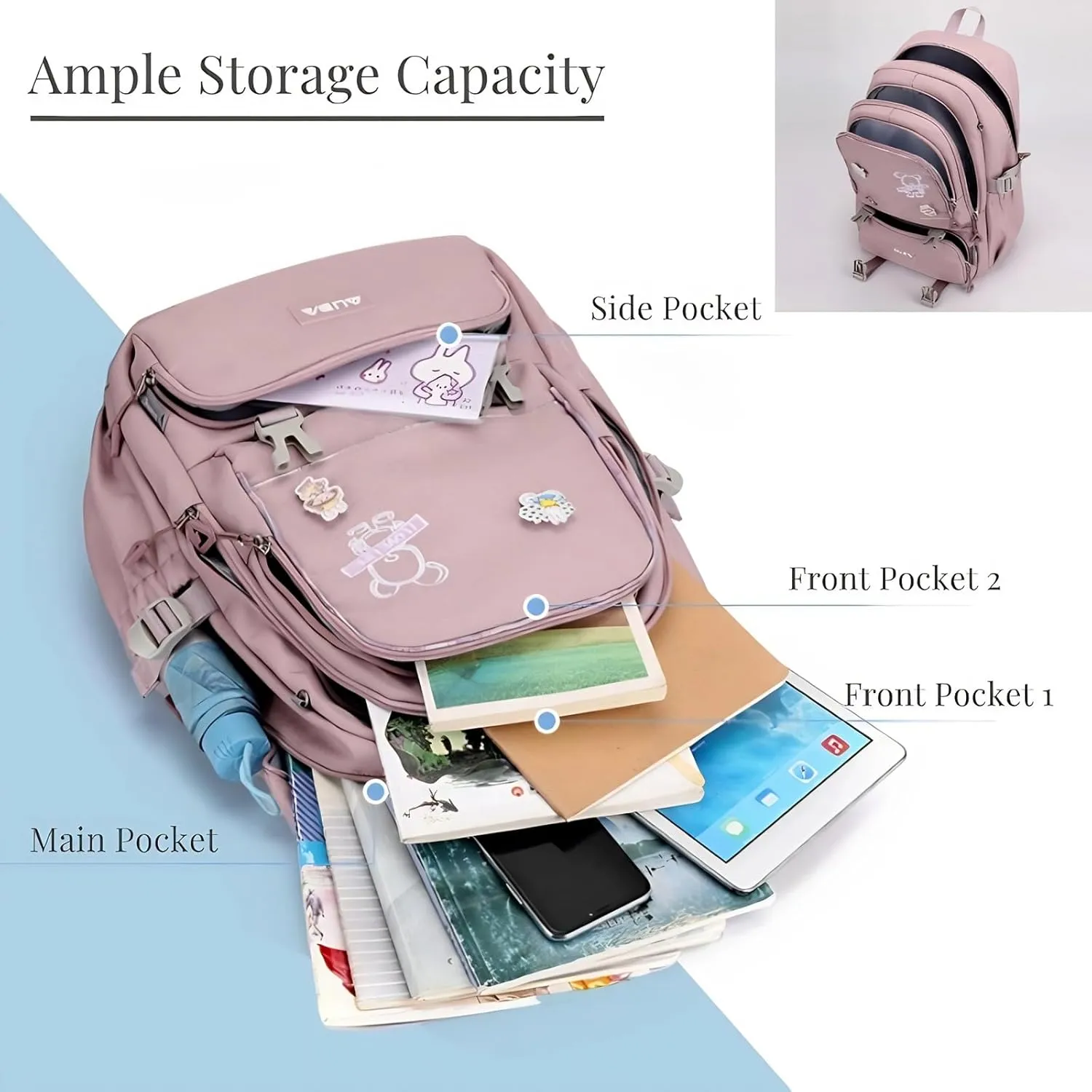 Cute School Laptop Backpack with Large Capacity Multiple Pockets for Girls Travel Friendly with Luggage Strap Accessory Included (Flesh Pink)