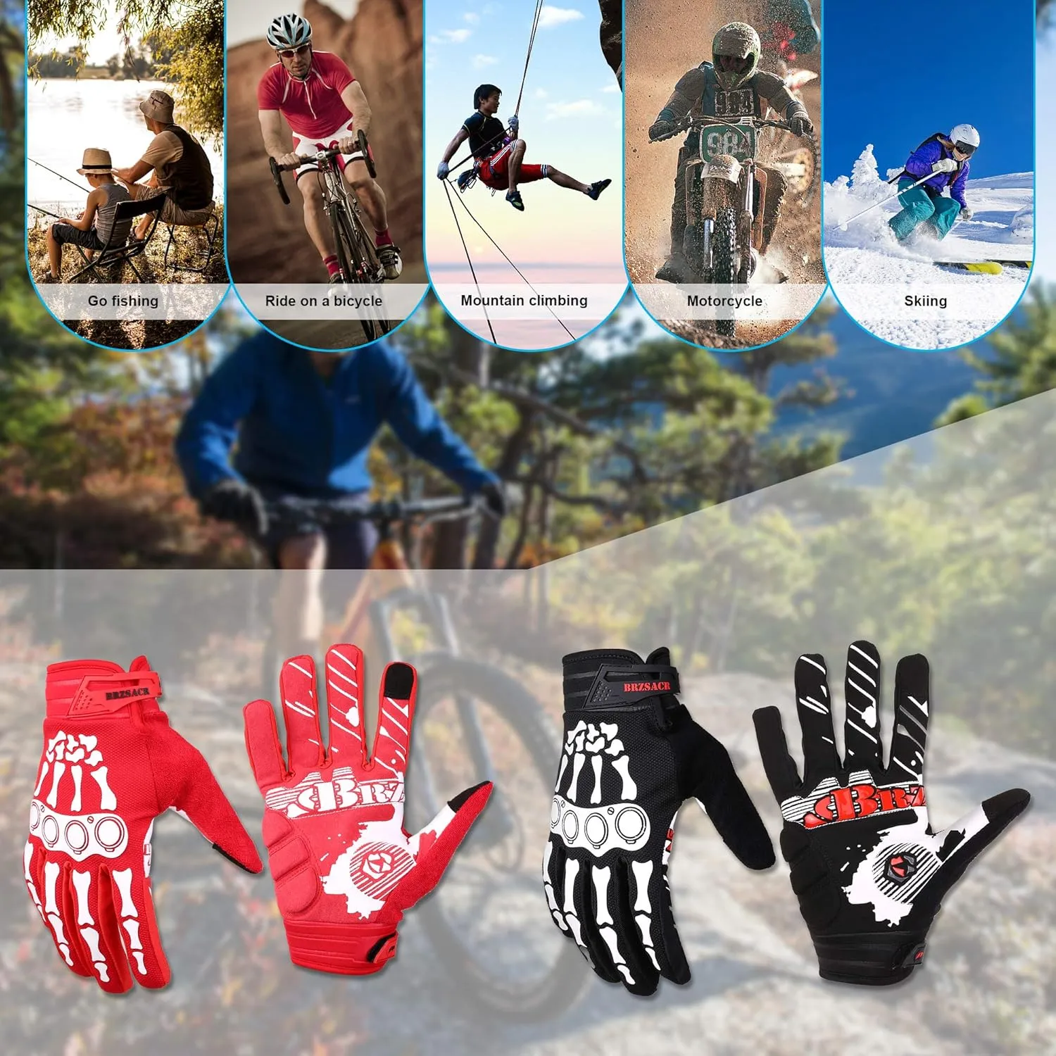 Cycling Gloves Skeleton Bone Motorcycle Bike Gloves Mountain Padded Road Bicycle Riding for Men Women Outdoor Resistance for Biking Climbing Hiking Full Finger Gloves.