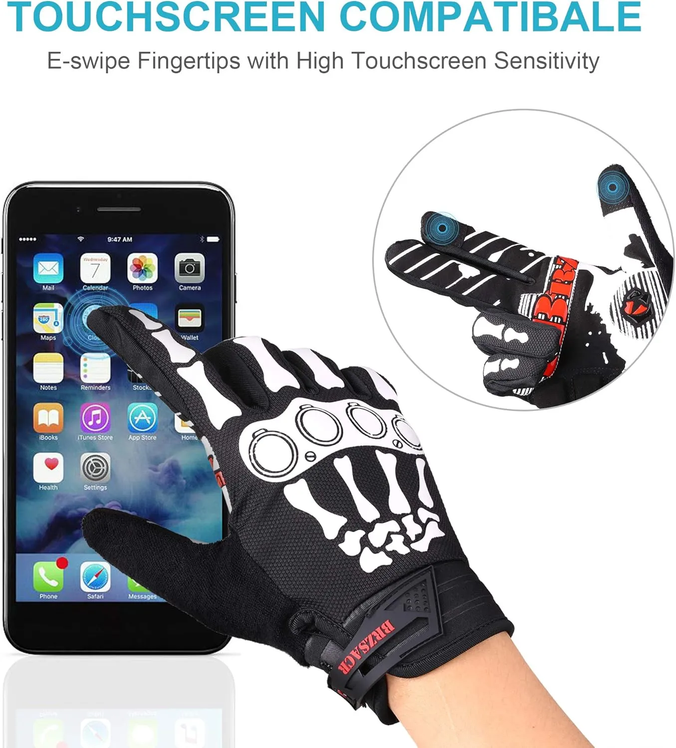 Cycling Gloves Skeleton Bone Motorcycle Bike Gloves Mountain Padded Road Bicycle Riding for Men Women Outdoor Resistance for Biking Climbing Hiking Full Finger Gloves.