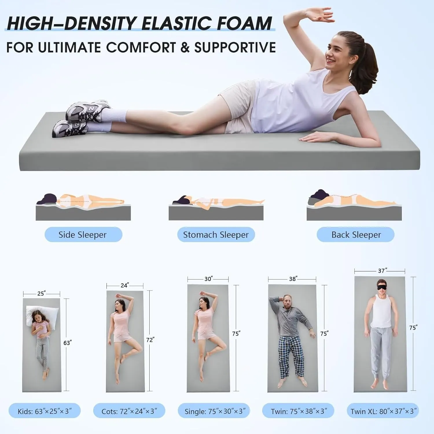 CYMULA Memory Foam Camping Mattress Pad,3inch Sleeping Pad for Camping,Non-Slip Bottom Floor Cot Mattress Bed with Retaining Portable Roll up Mattress Pad Mat for Travel Truck Guest Bed Tent