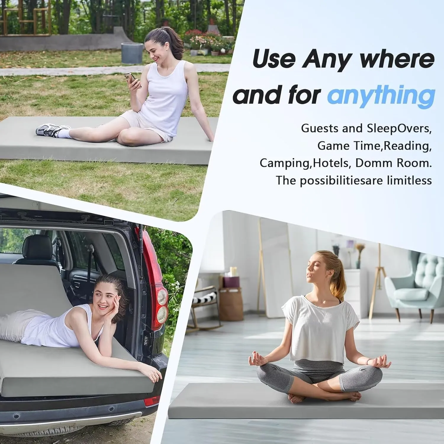 CYMULA Memory Foam Camping Mattress Pad,3inch Sleeping Pad for Camping,Non-Slip Bottom Floor Cot Mattress Bed with Retaining Portable Roll up Mattress Pad Mat for Travel Truck Guest Bed Tent