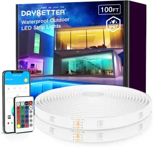 DAYBETTER Outdoor LED Strip Lights, IP67 Waterproof LED Lights with Remote, APP Control, Color Changing LED Rope Lights for Bedroom, Bathroom, Roof, Balcony, Pool, 24V, 100ft