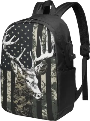 Deer Camo Camouflage American Flag Hunting Laptop Backpack, Travel Backpack with USB Charging Port, Computer Bag for Men Women