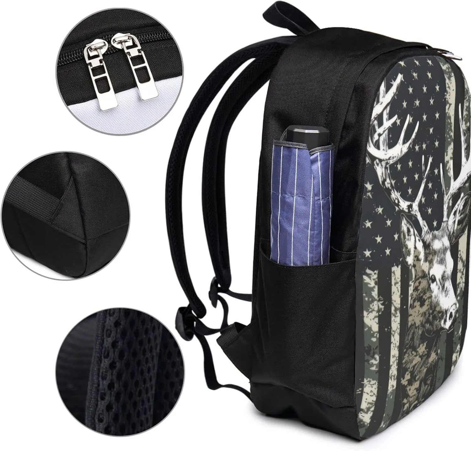 Deer Camo Camouflage American Flag Hunting Laptop Backpack, Travel Backpack with USB Charging Port, Computer Bag for Men Women