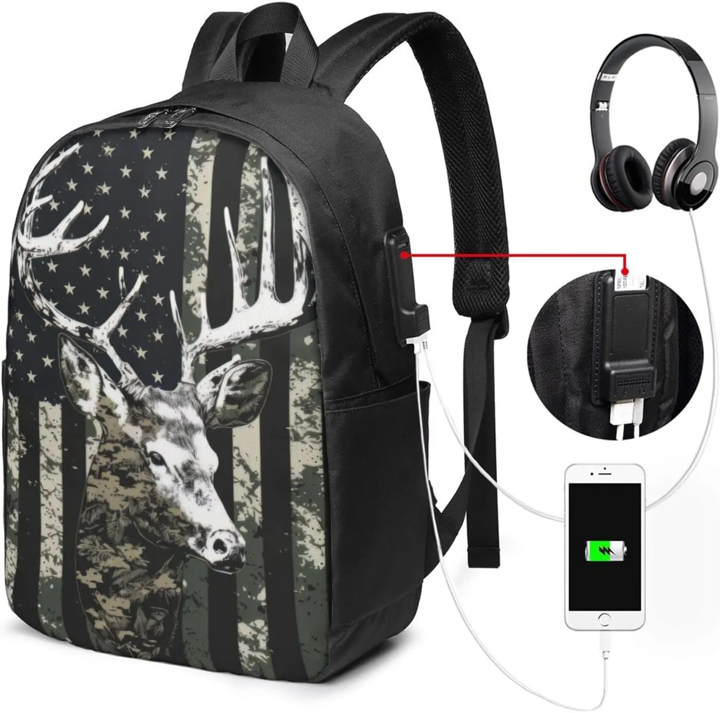 Deer Camo Camouflage American Flag Hunting Laptop Backpack, Travel Backpack with USB Charging Port, Computer Bag for Men Women