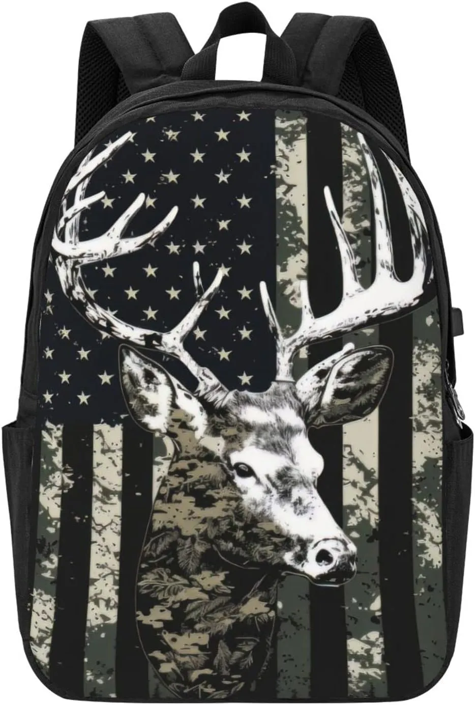 Deer Camo Camouflage American Flag Hunting Laptop Backpack, Travel Backpack with USB Charging Port, Computer Bag for Men Women