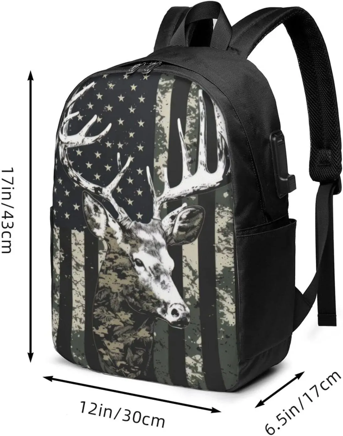Deer Camo Camouflage American Flag Hunting Laptop Backpack, Travel Backpack with USB Charging Port, Computer Bag for Men Women