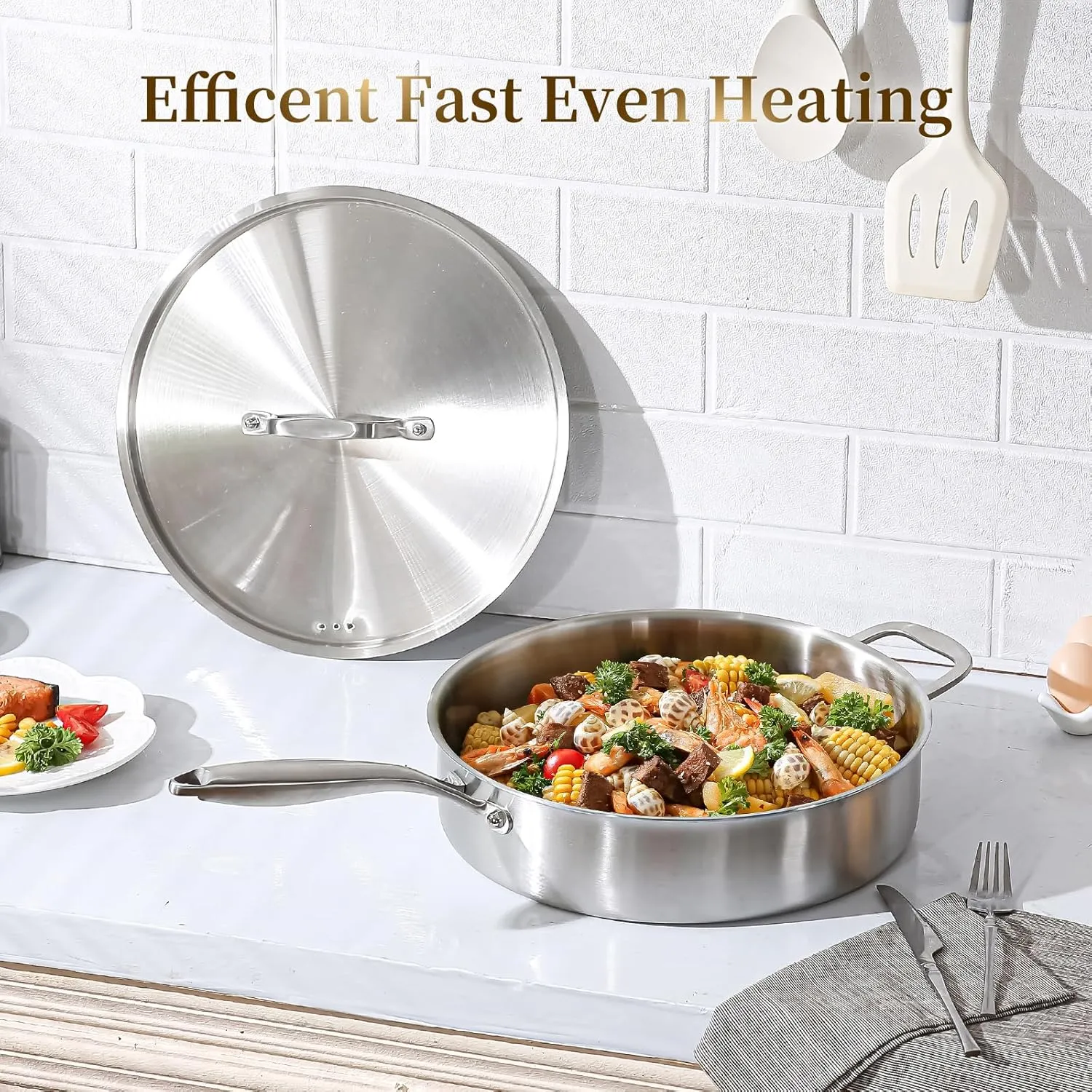 DELARLO 7QT Saute Pan Jumbo Cooker Tri-Ply Stainless Steel Pan, 12Inch Deep Frying Pan with Steel cover, Kitchen Large Skillet,Heavy Duty Style Compatible With All Cooktops Up to 650℉