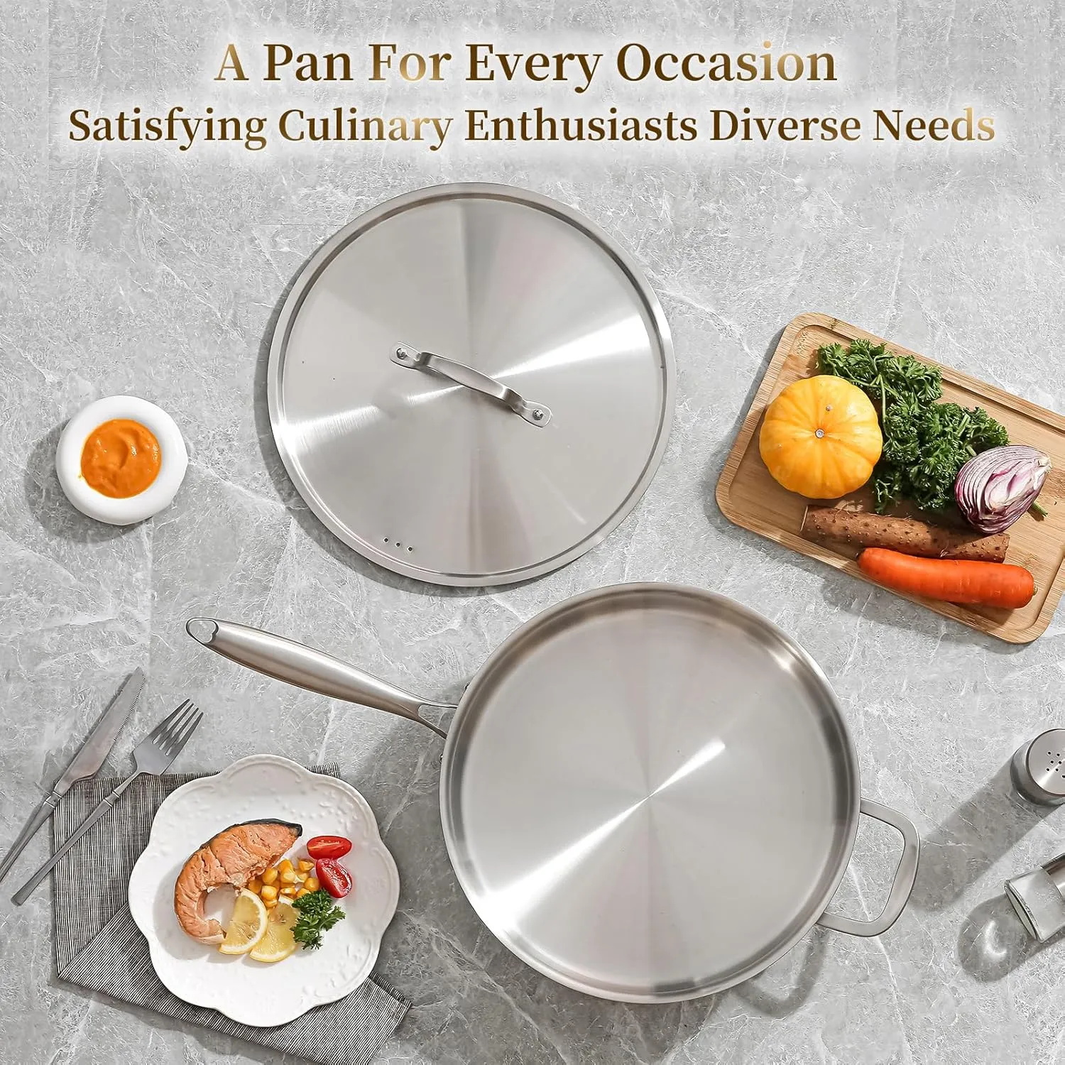 DELARLO 7QT Saute Pan Jumbo Cooker Tri-Ply Stainless Steel Pan, 12Inch Deep Frying Pan with Steel cover, Kitchen Large Skillet,Heavy Duty Style Compatible With All Cooktops Up to 650℉