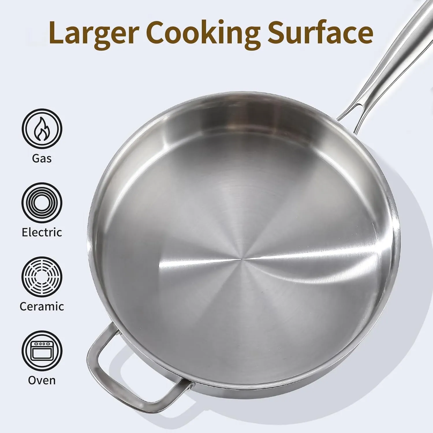DELARLO 7QT Saute Pan Jumbo Cooker Tri-Ply Stainless Steel Pan, 12Inch Deep Frying Pan with Steel cover, Kitchen Large Skillet,Heavy Duty Style Compatible With All Cooktops Up to 650℉