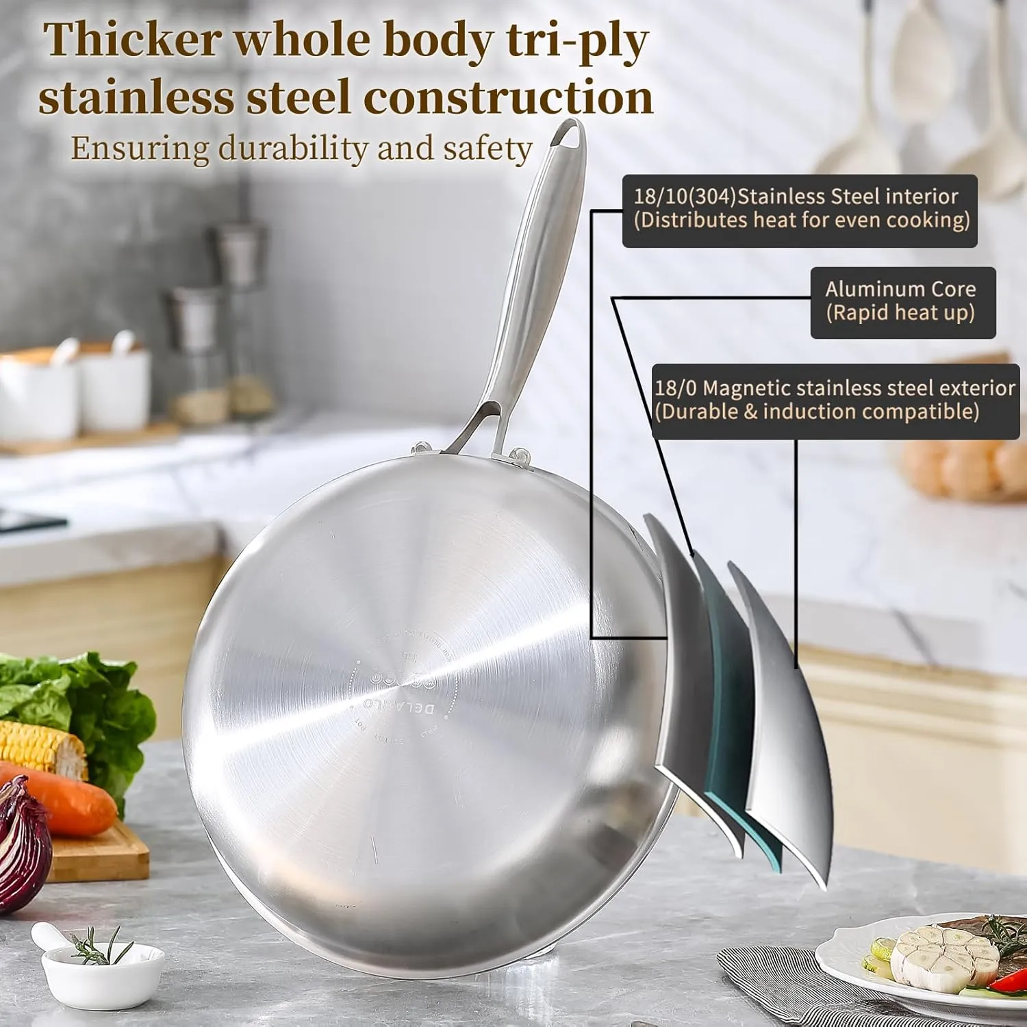 DELARLO Tri-Ply Stainless Steel 10inch and 12inch Frying Pan, Oven safe induction skillet,pots and pans set,Suitable for All Stove (Detachable Handle)