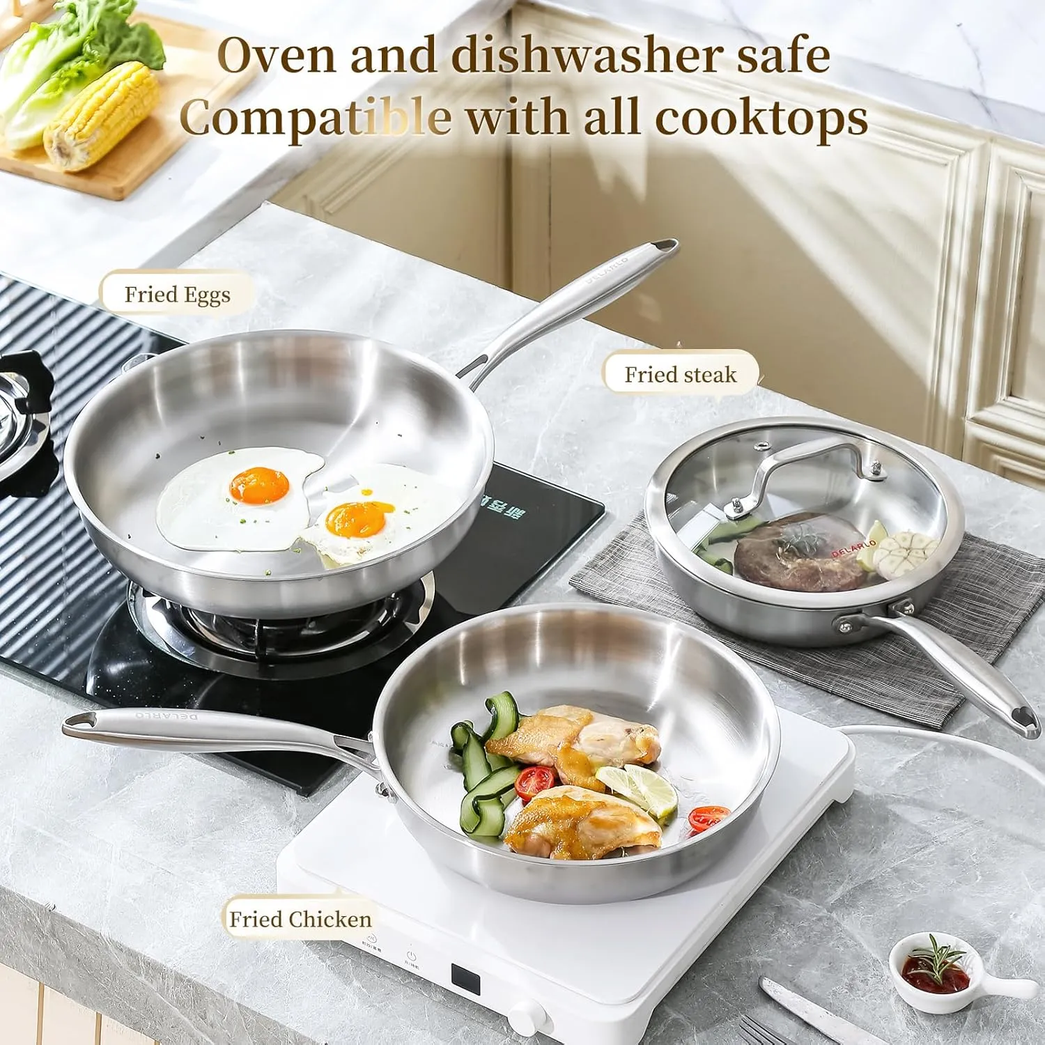 DELARLO Tri-ply Stainless Steel Frying Pan Set with Lid 10"12" Induction large Skillets Chef's Pan,Pots and Pans Set Kitchen Cookware Set Suitable for All Stove