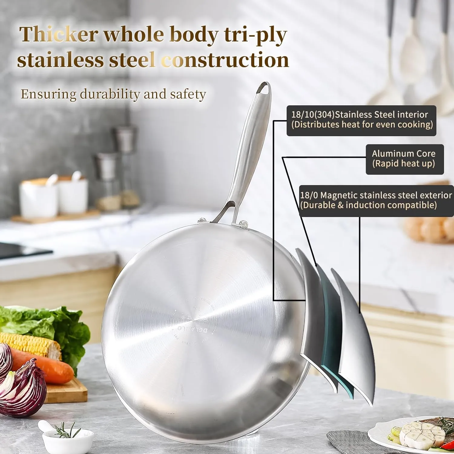 DELARLO Tri-ply Stainless Steel Frying Pan Set with Lid 10"12" Induction large Skillets Chef's Pan,Pots and Pans Set Kitchen Cookware Set Suitable for All Stove