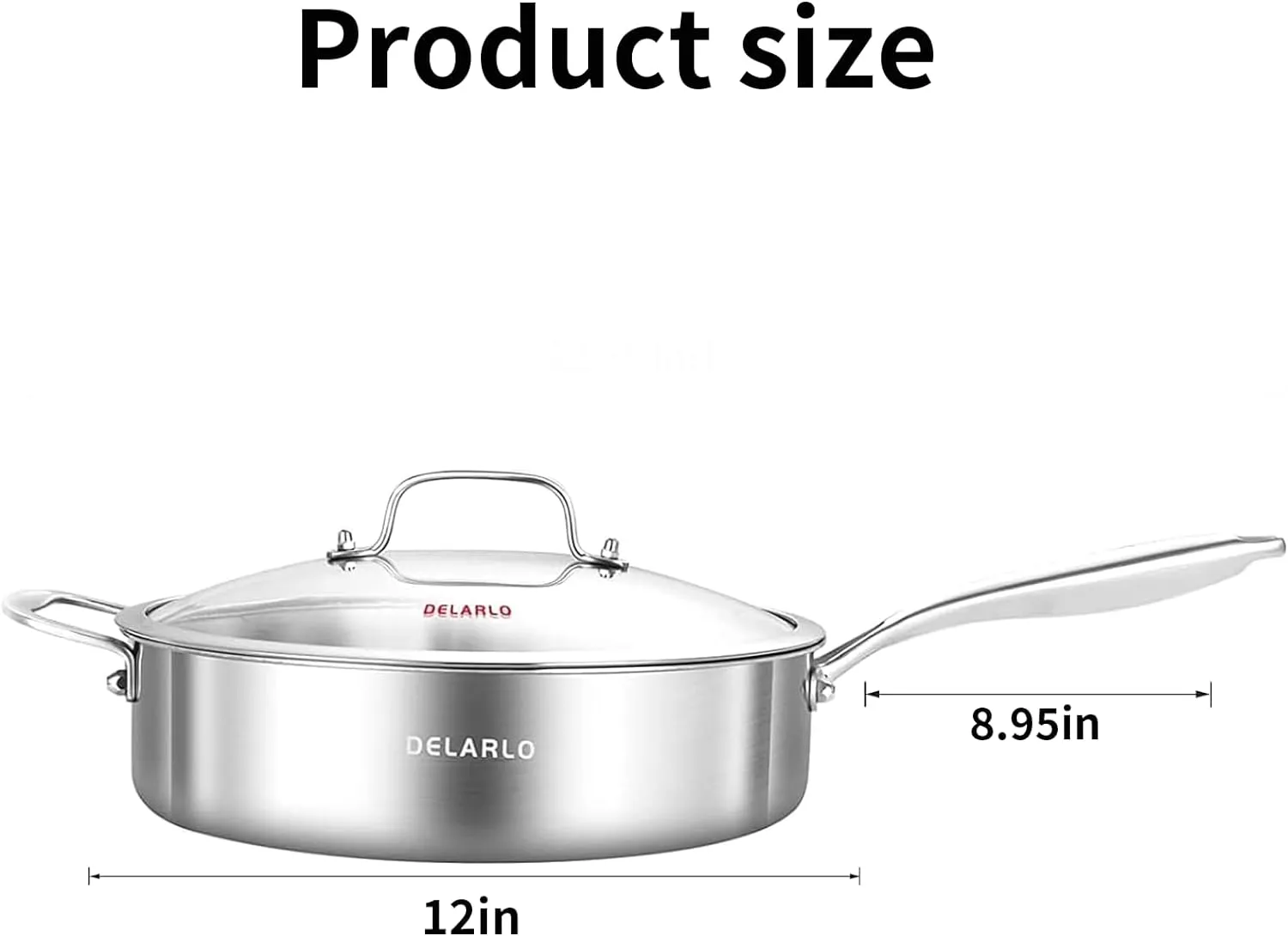 DELARLO Tri-Ply Stainless Steel Saute Pan With Lid 5.5QT,12.3Inch Deep Frying pan,Induction Large Skillet,Jumbo Cooker,Efficent Fast Even Heating Cooking Pan Dishwasher and Oven Safe