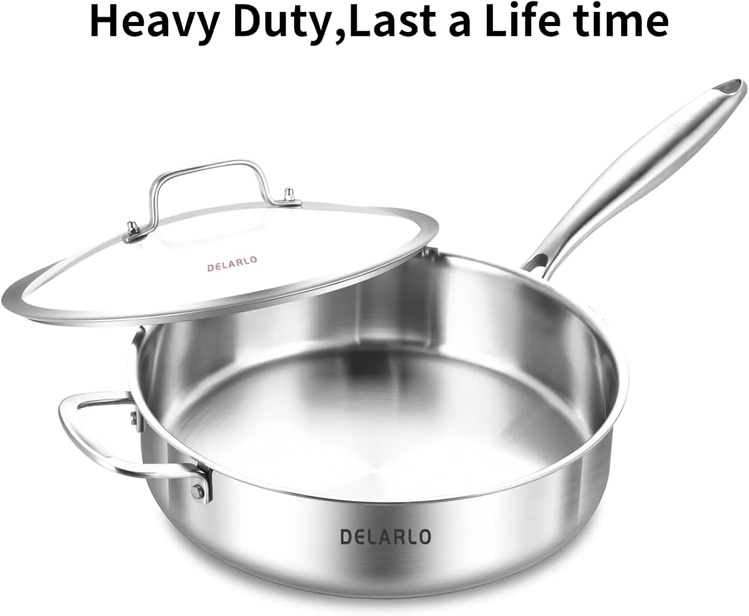 DELARLO Tri-Ply Stainless Steel Saute Pan With Lid 5.5QT,12.3Inch Deep Frying pan,Induction Large Skillet,Jumbo Cooker,Efficent Fast Even Heating Cooking Pan Dishwasher and Oven Safe