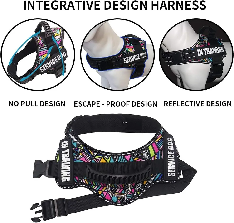 Dihapet Dog Harness, Service Dog Vest, No Pull No Choke Dog Vest for Training Walking Jogging (XL Chest 32-44in, Colorful Rhomboids)