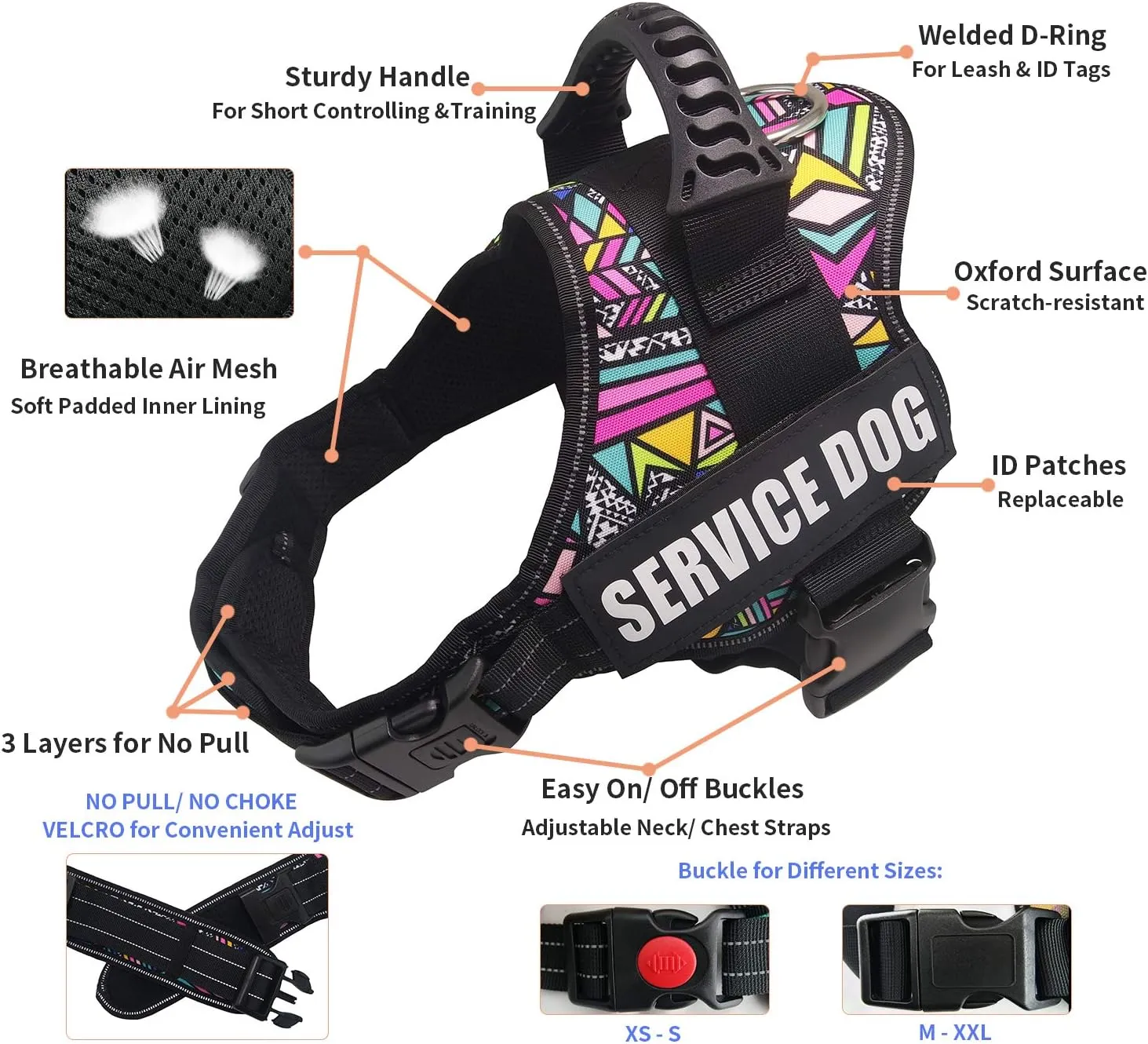 Dihapet Dog Harness, Service Dog Vest, No Pull No Choke Dog Vest for Training Walking Jogging (XL Chest 32-44in, Colorful Rhomboids)