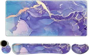 DINKY Keyboard Mouse Pad Set, Large Gaming Mousepad   Memory Foam Ergonomic Keyboard Wrist Rest Support, Easy Typing Pain Relief, 4Pcs (35.4" x 15.7") Extended Desk Mat-Modern Purple Marble