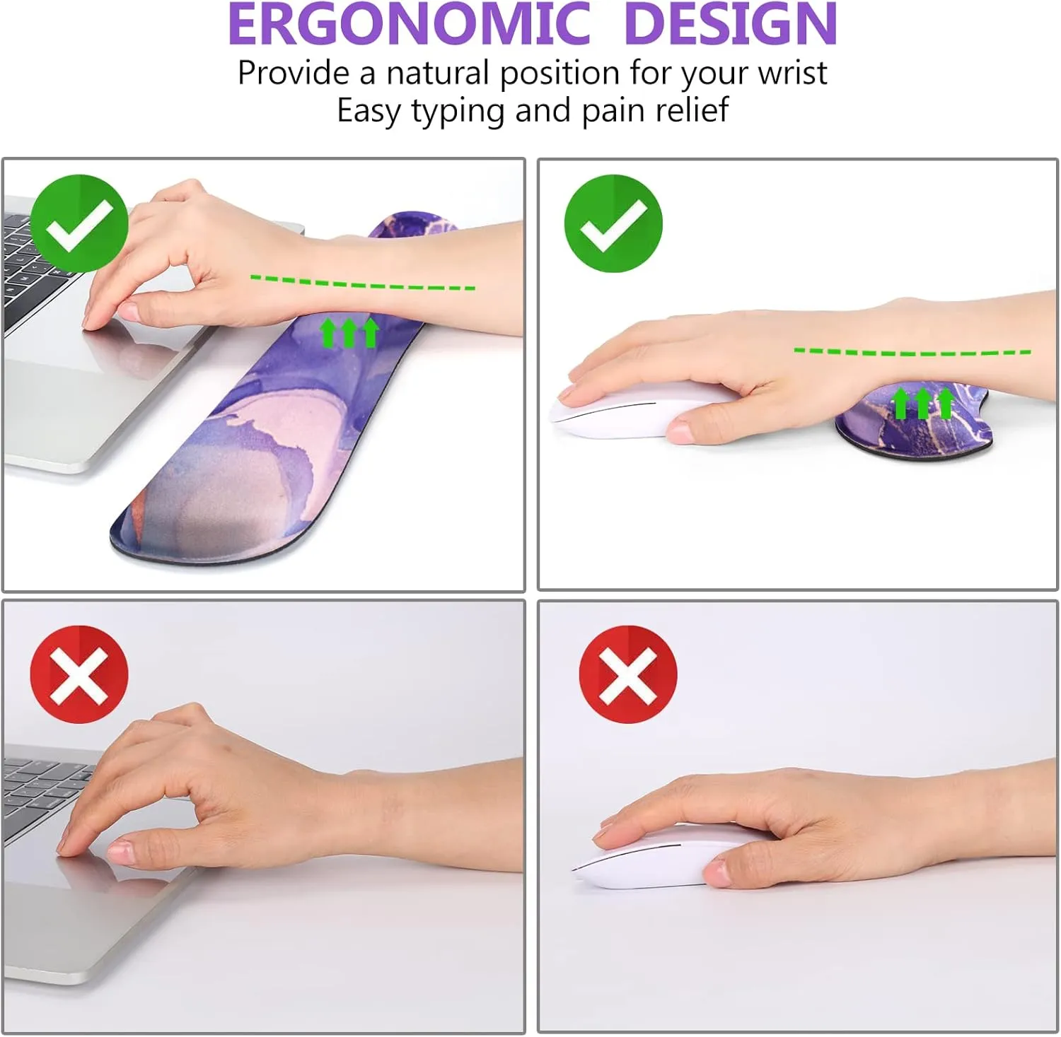 DINKY Keyboard Mouse Pad Set, Large Gaming Mousepad   Memory Foam Ergonomic Keyboard Wrist Rest Support, Easy Typing Pain Relief, 4Pcs (35.4" x 15.7") Extended Desk Mat-Modern Purple Marble
