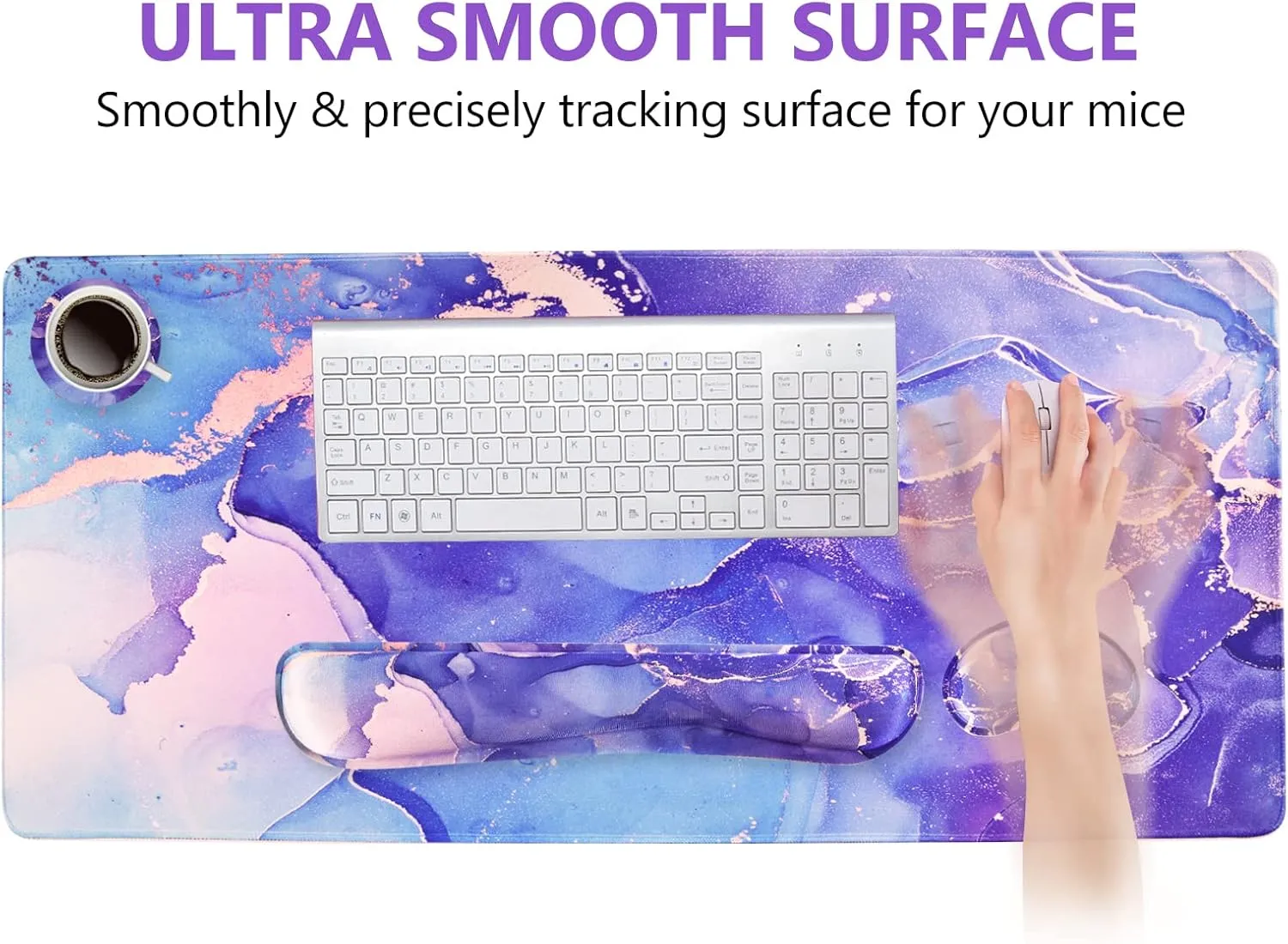 DINKY Keyboard Mouse Pad Set, Large Gaming Mousepad   Memory Foam Ergonomic Keyboard Wrist Rest Support, Easy Typing Pain Relief, 4Pcs (35.4" x 15.7") Extended Desk Mat-Modern Purple Marble