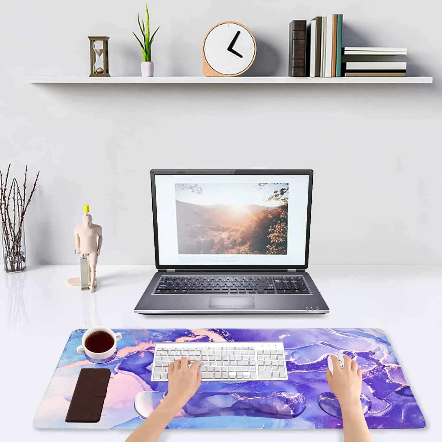 DINKY Keyboard Mouse Pad Set, Large Gaming Mousepad   Memory Foam Ergonomic Keyboard Wrist Rest Support, Easy Typing Pain Relief, 4Pcs (35.4" x 15.7") Extended Desk Mat-Modern Purple Marble