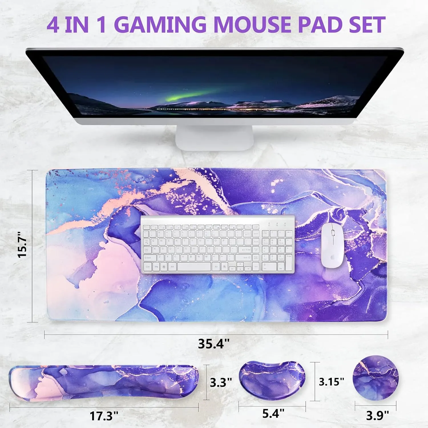 DINKY Keyboard Mouse Pad Set, Large Gaming Mousepad   Memory Foam Ergonomic Keyboard Wrist Rest Support, Easy Typing Pain Relief, 4Pcs (35.4" x 15.7") Extended Desk Mat-Modern Purple Marble