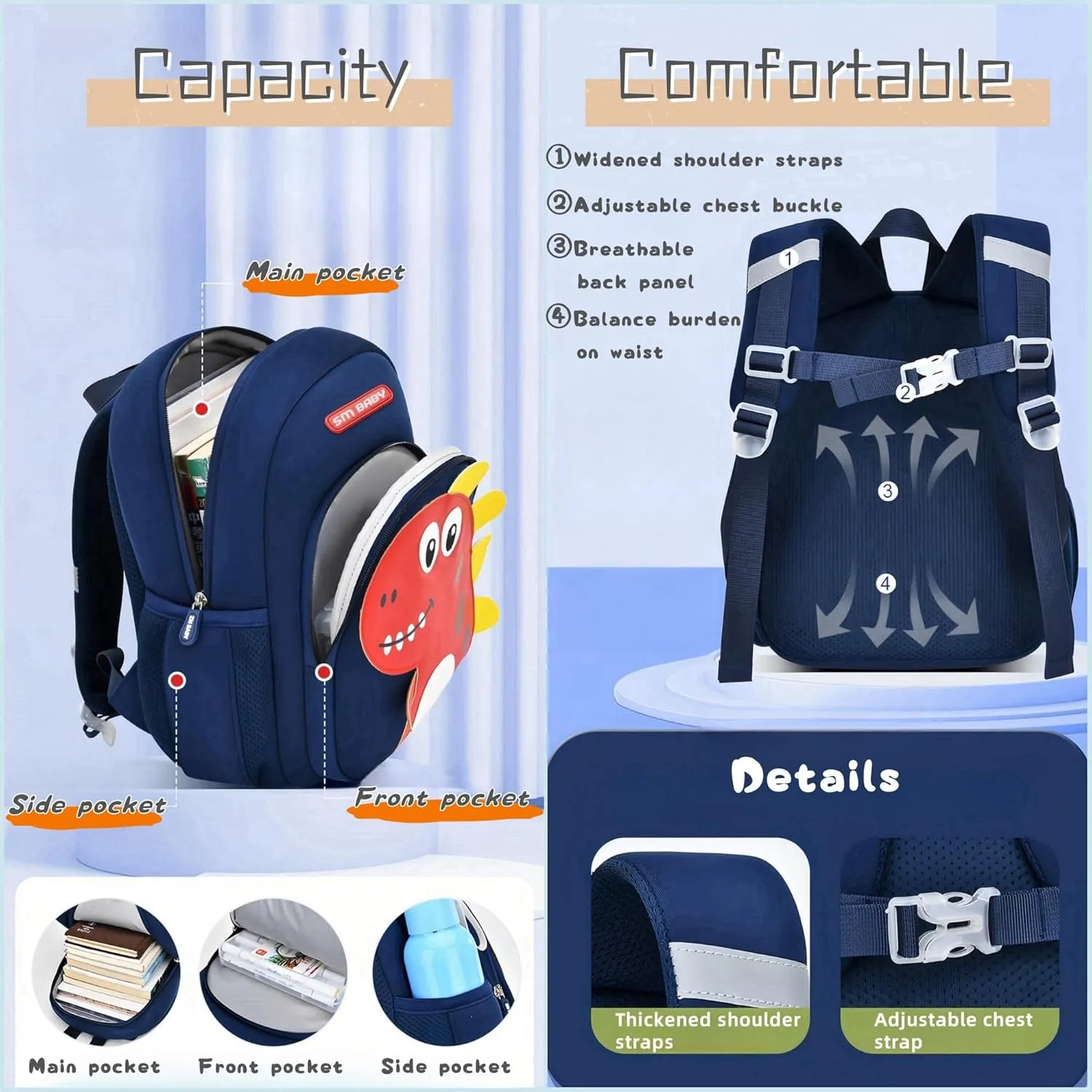 Dinosaur Backpack for Toddler Boys, Anti-lost Bookbag for Preschool Boys Kids Backpack, Fit A4 Folder, 01-Dark-blue Red