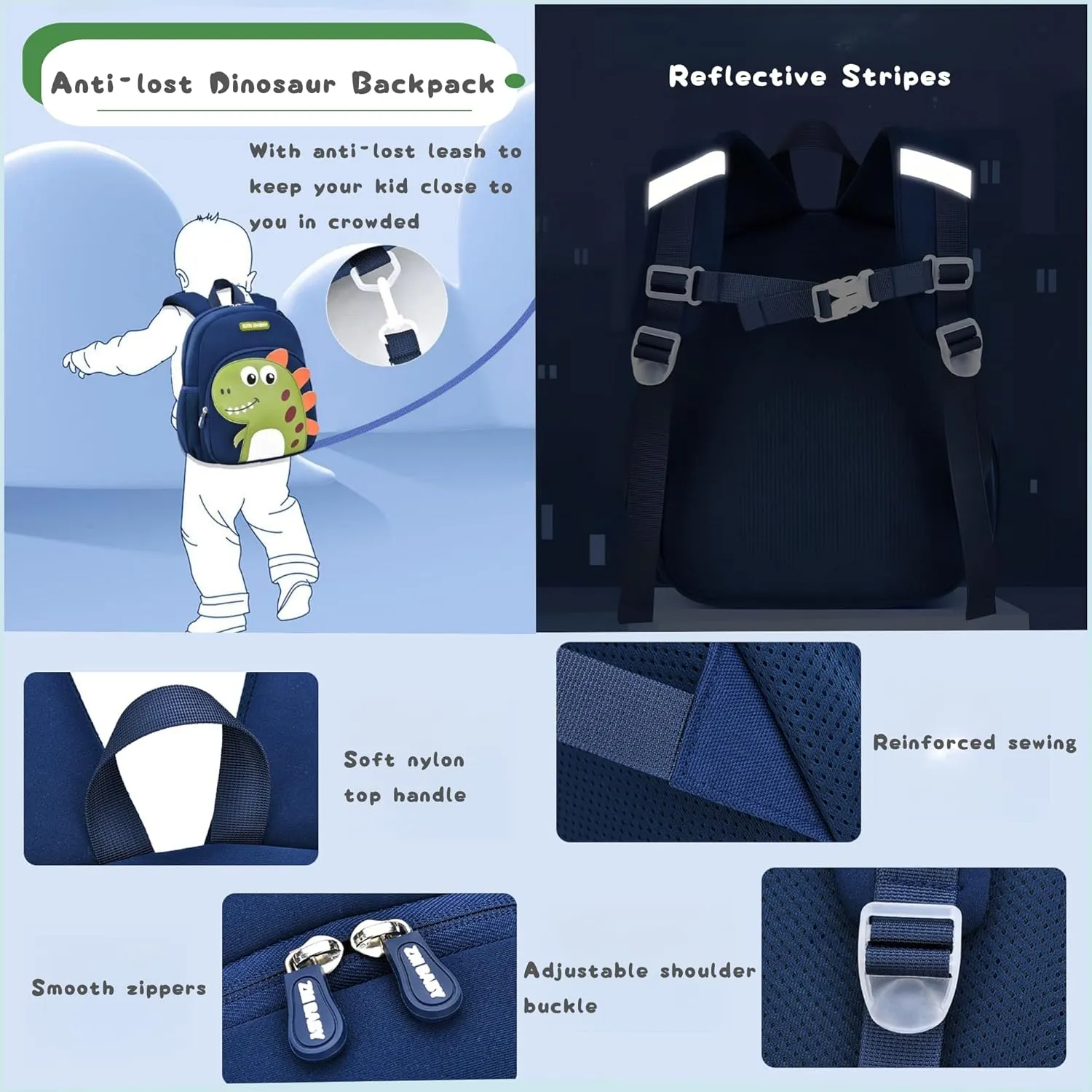 Dinosaur Backpack for Toddler Boys, Anti-lost Bookbag for Preschool Boys Kids Backpack, Fit A4 Folder, 01-Dark-blue Red