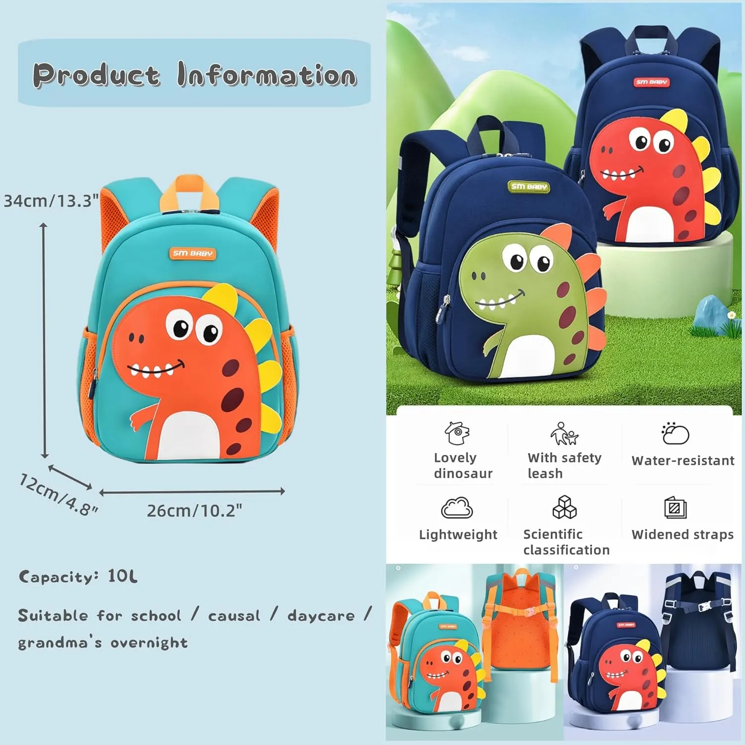 Dinosaur Backpack for Toddler Boys, Anti-lost Bookbag for Preschool Boys Kids Backpack, Fit A4 Folder, 01-Dark-blue Red