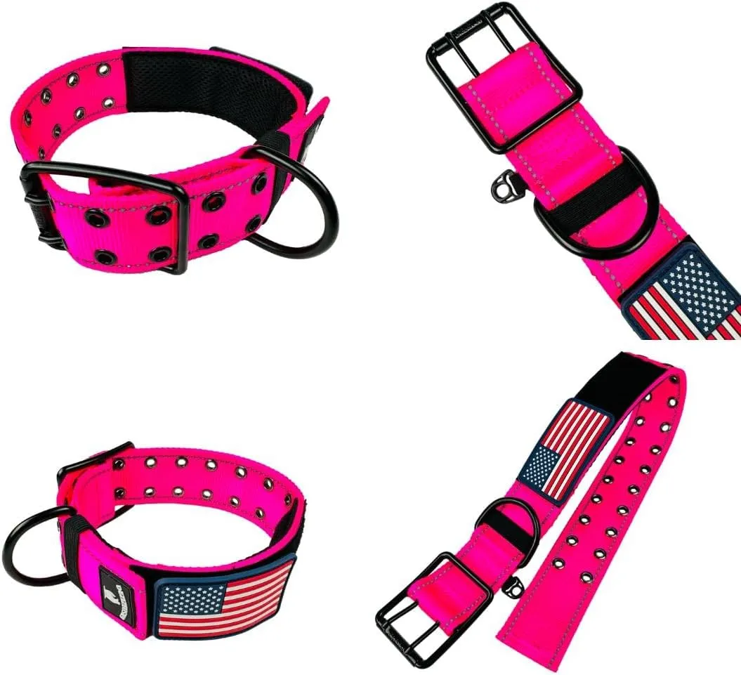 Dog Collars for Large Dogs - 2 inch Wide Dog Collar for Large Dogs Personalized Dog Collar with Metal Buckle American Flag Patch Name Plate Padded Dog Collar for Extra Large Dogs Male Female K9